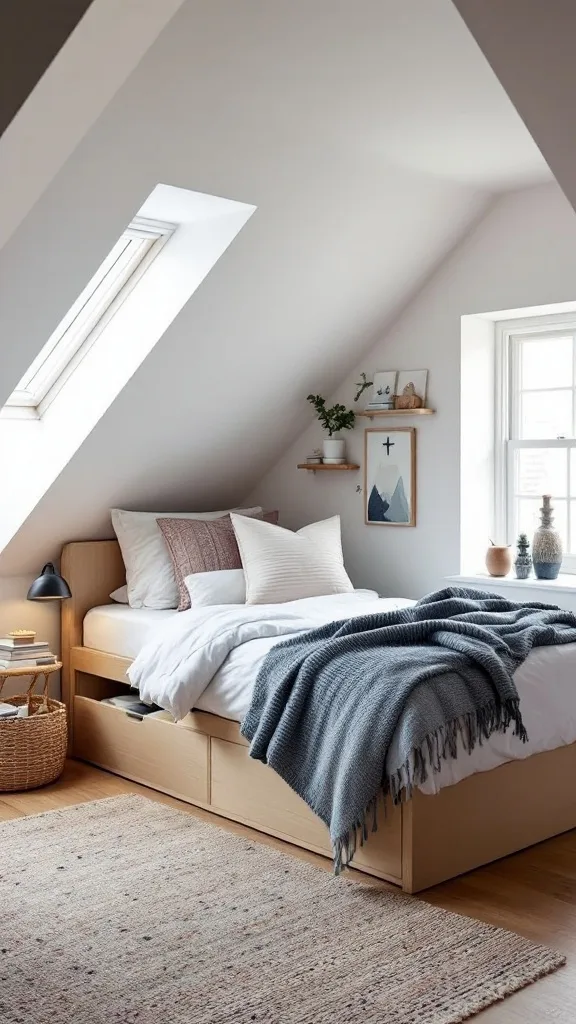 Cozy attic bedroom with a twin bed, cushions, and plants.