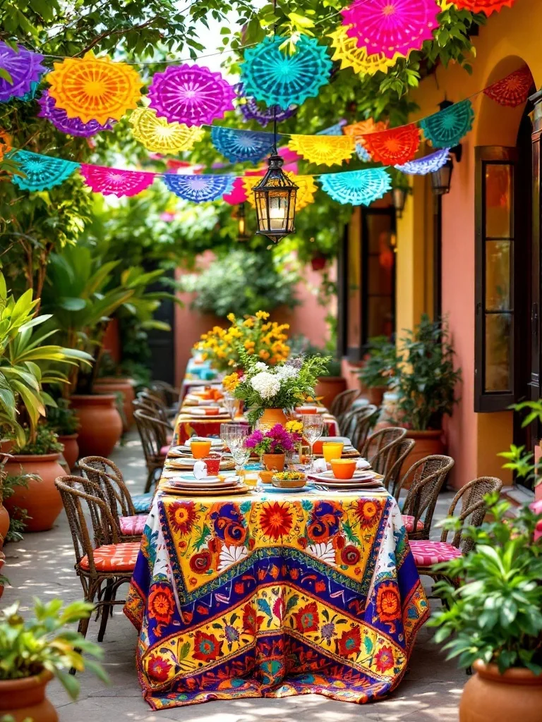 A colorful patio dining setup with a vibrant tablecloth, papel picado decorations, and surrounded by plants.