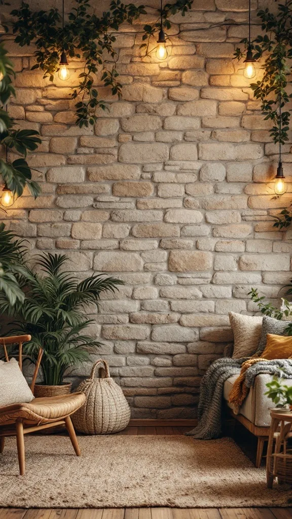 A cozy living room with a stone wall, plants, and warm lighting.