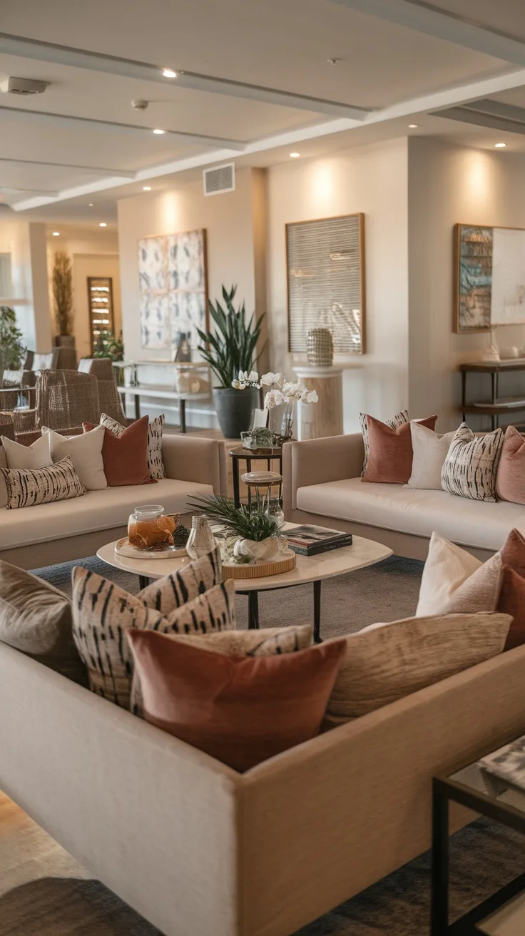 A wide-angle layout featuring two couches in a living room with plants and a coffee table.