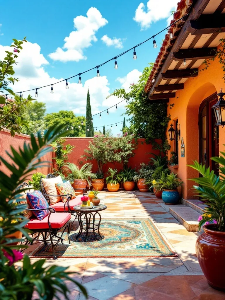 A cozy Mexican patio featuring wrought iron furniture with red cushions, surrounded by colorful plants and pots.