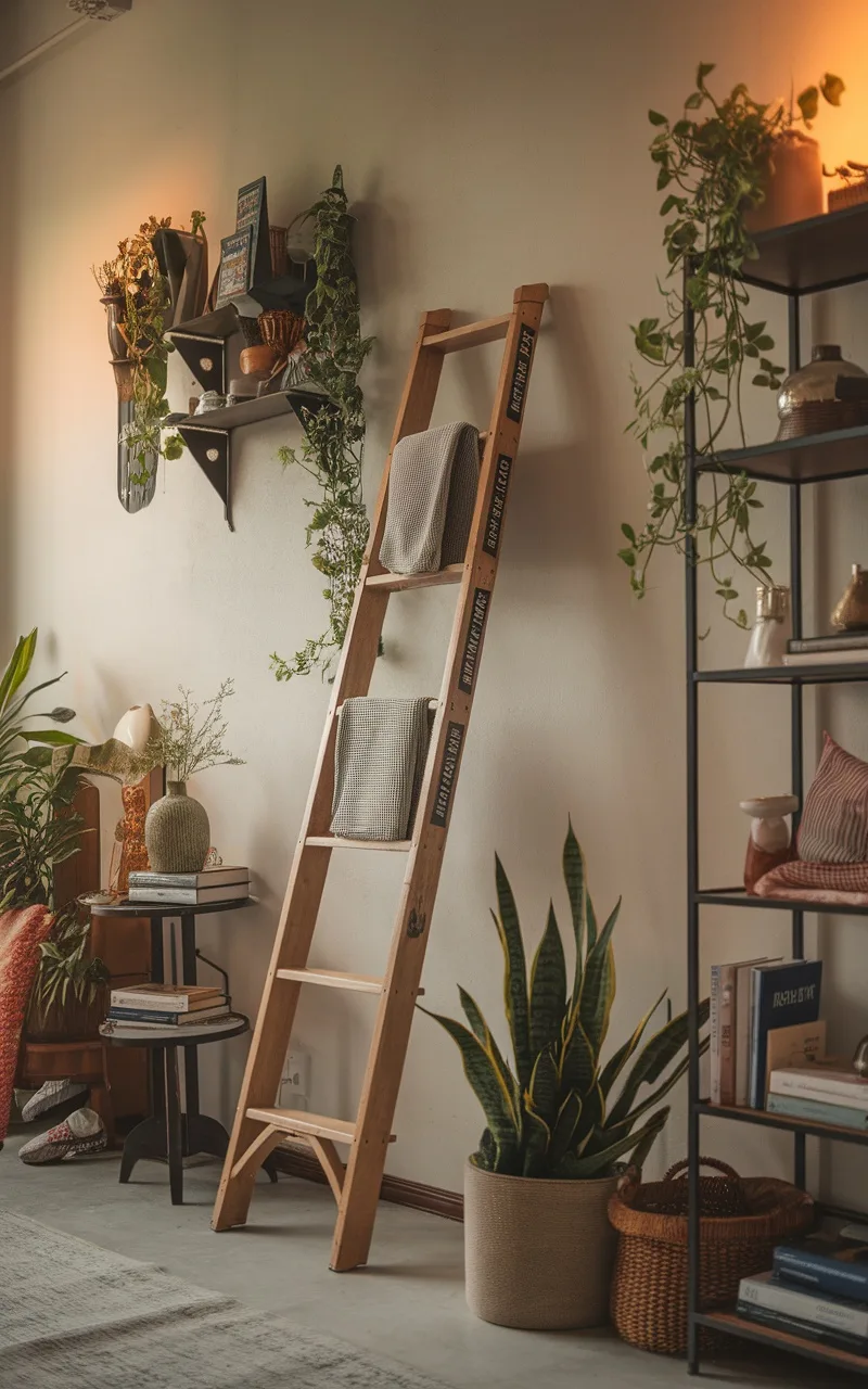 A wooden ladder leaning against a wall with throws and plants, surrounded by greenery and decorative items.