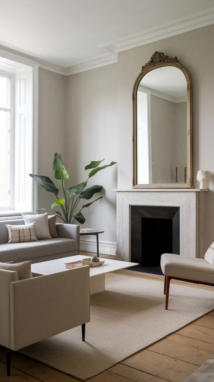Minimalist living room with a statement mirror above the fireplace, elegant furniture, and a plant.