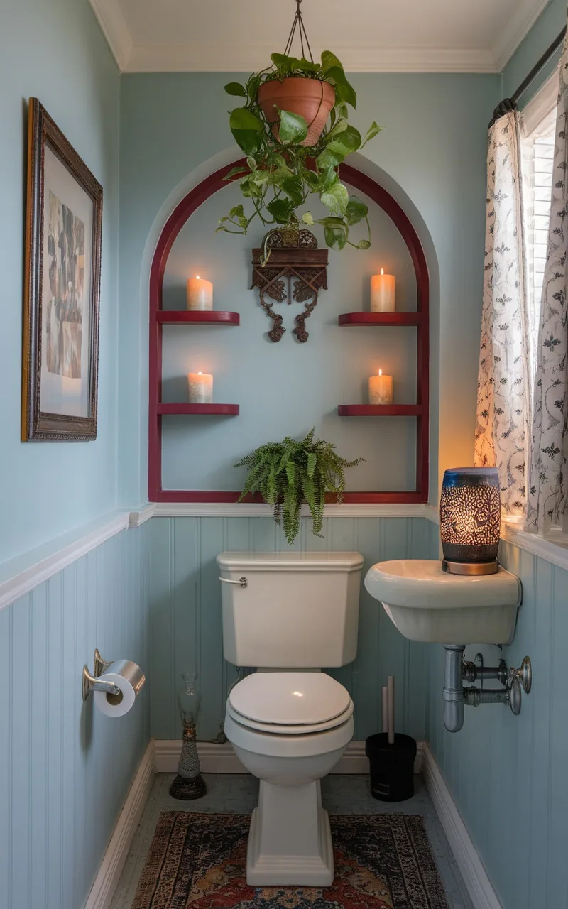 Accent wall above a toilet decorated with shelves, plants, and candles