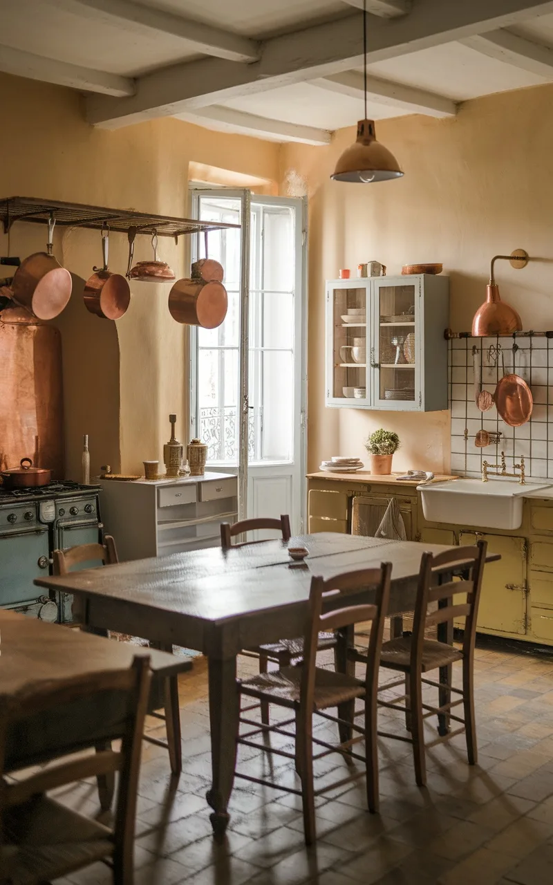 A warm French country kitchen featuring copper pots hanging from a rack and rustic wooden furniture.