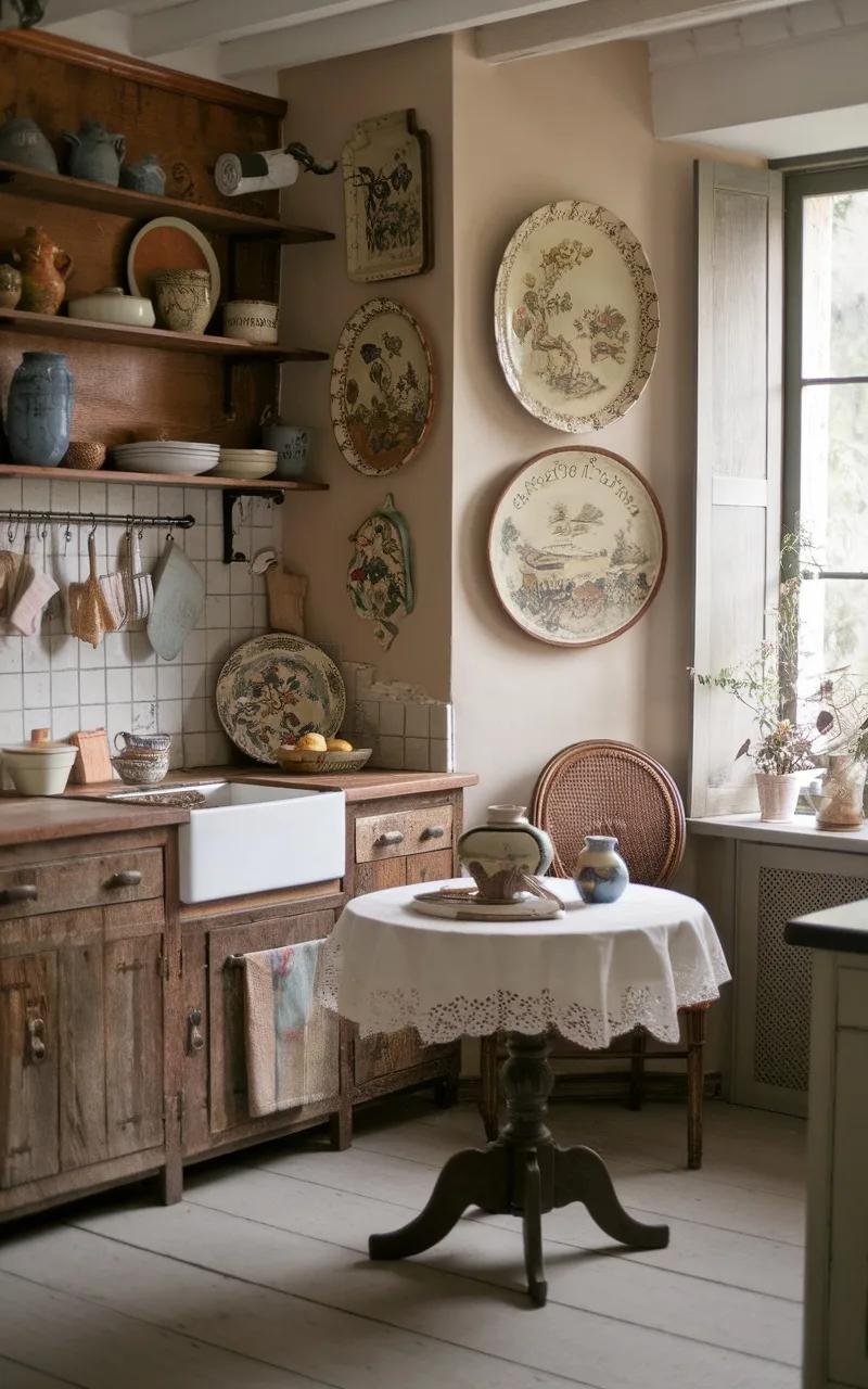 A rustic French country kitchen with shelves of vintage pottery and decorative plates on the wall.