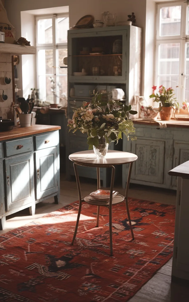 A cozy French country kitchen with a vintage rug, wooden furniture, and floral arrangements.