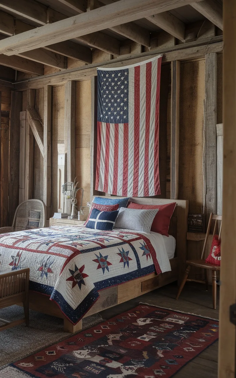 A rustic farmhouse bedroom with an American flag on the wall, a colorful quilt on the bed, and a woven rug on the floor.
