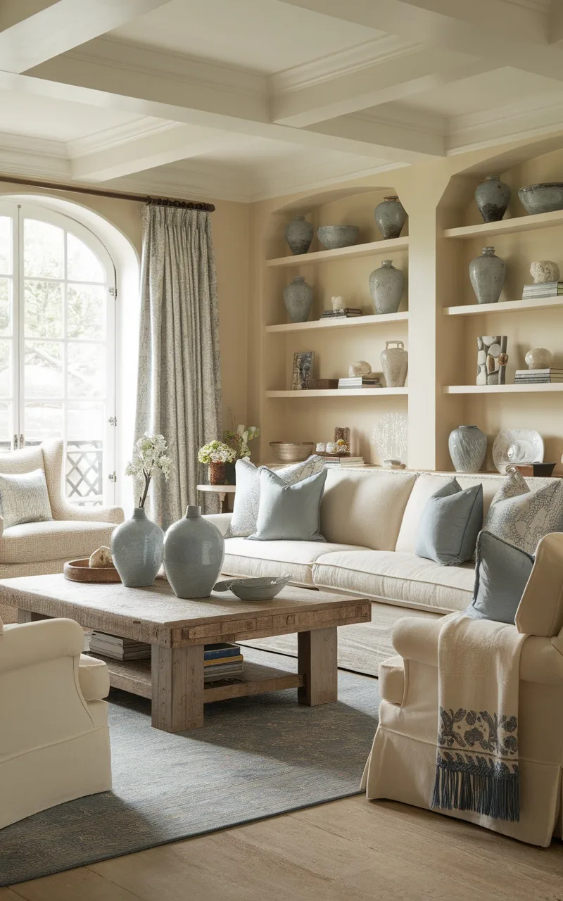 A cozy French country living room featuring beige tones and blue accents.