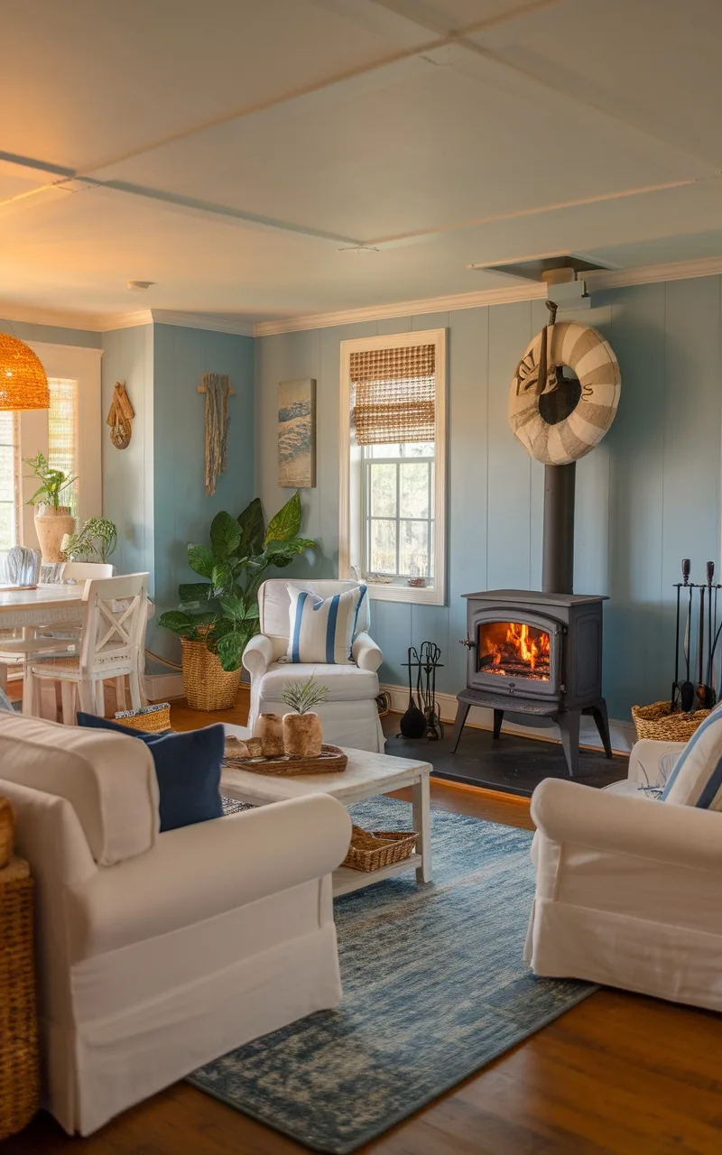 Cozy living room with coastal blue walls and a wood-burning stove.