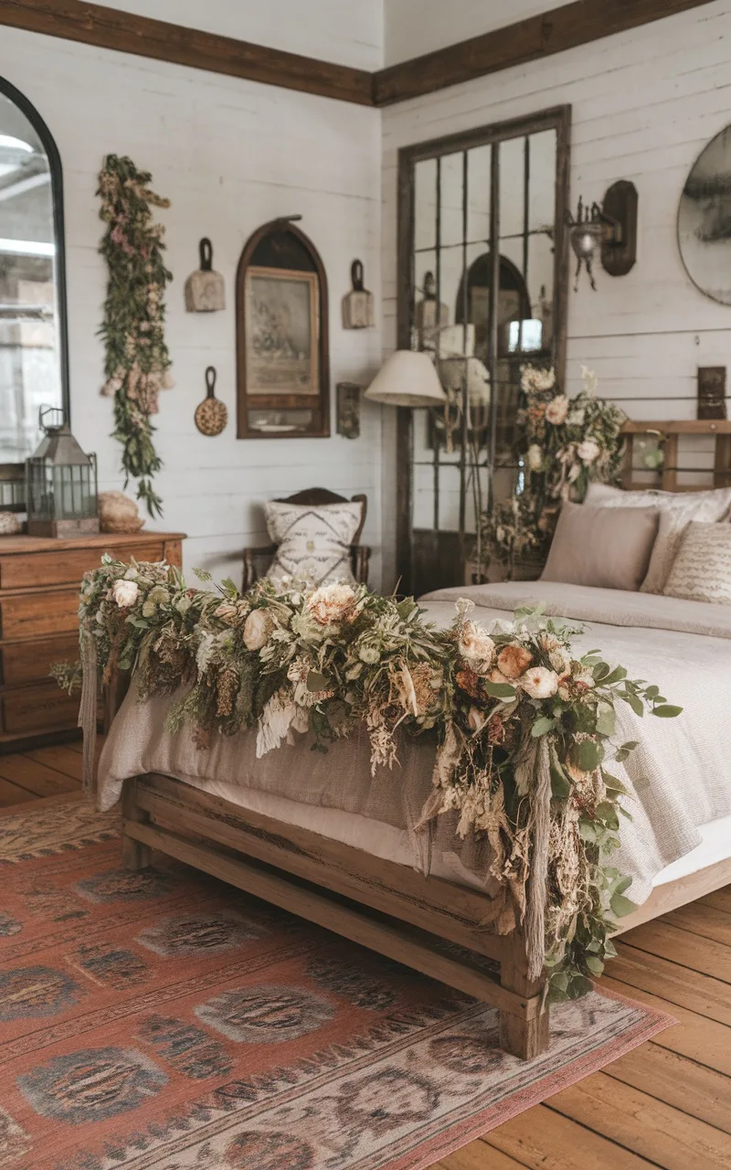 A rustic farmhouse bedroom featuring a floral garland on the bed, wooden furniture, and a warm color palette