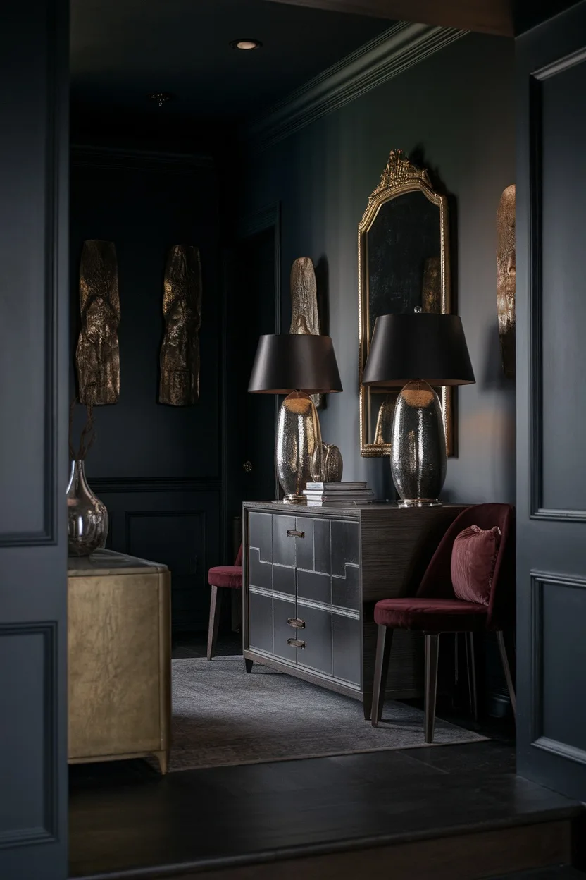 A dark entryway with metallic lamps and decor, featuring a stylish console table and plush seating.