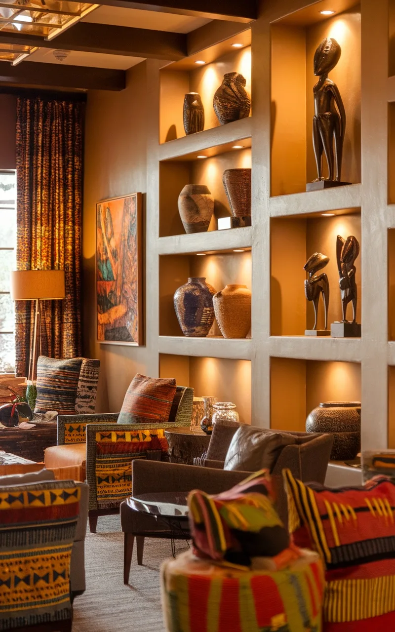 A cozy living room featuring Namibian statuettes and pottery on display, with warm lighting and colorful upholstery.