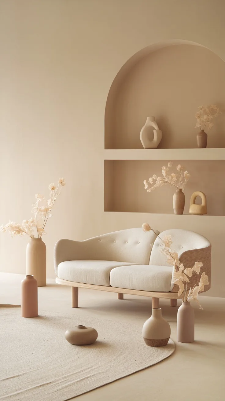 Neutral floral arrangement in minimalist living room featuring vases and dried flowers