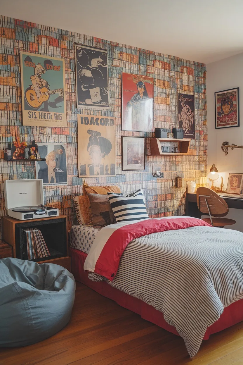 A teen boy's bedroom with vintage posters, a record player, and a bean bag chair.