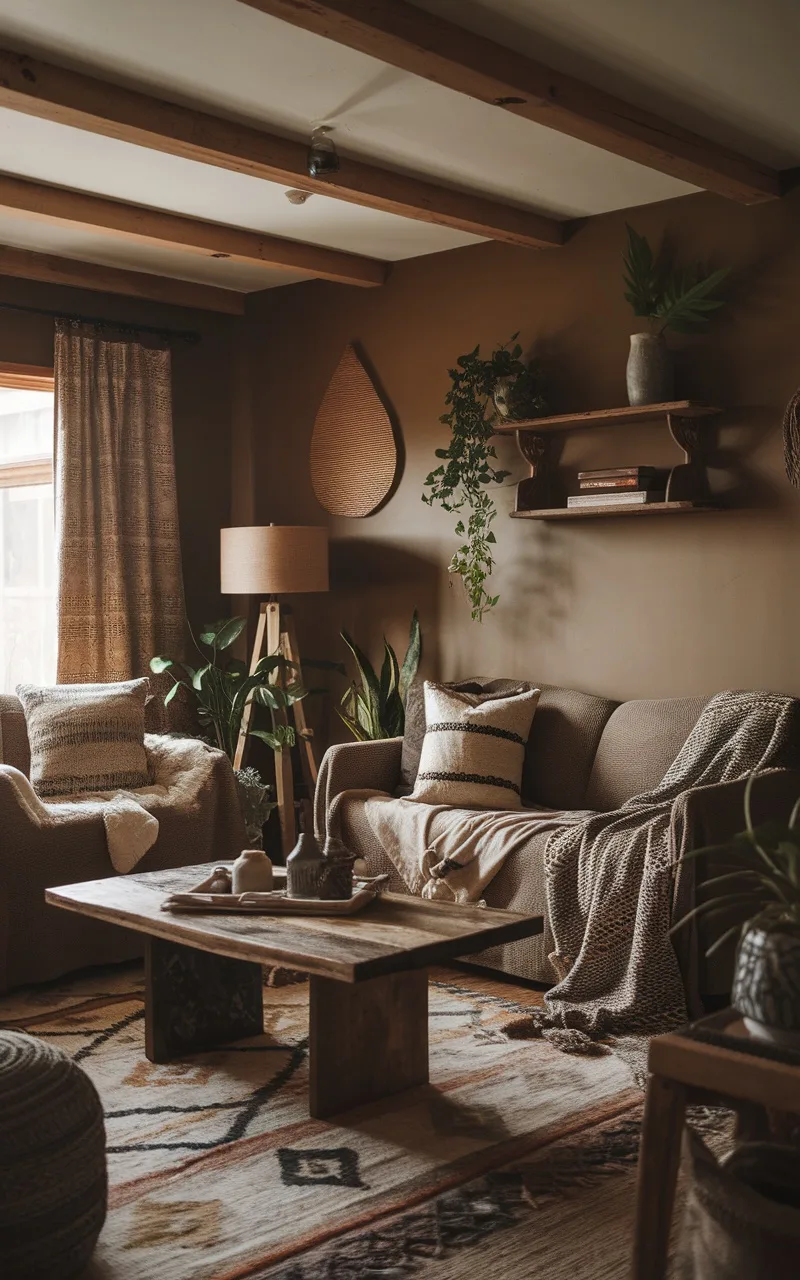 Cozy dark boho living room with rustic wooden elements, including a coffee table and exposed beams.