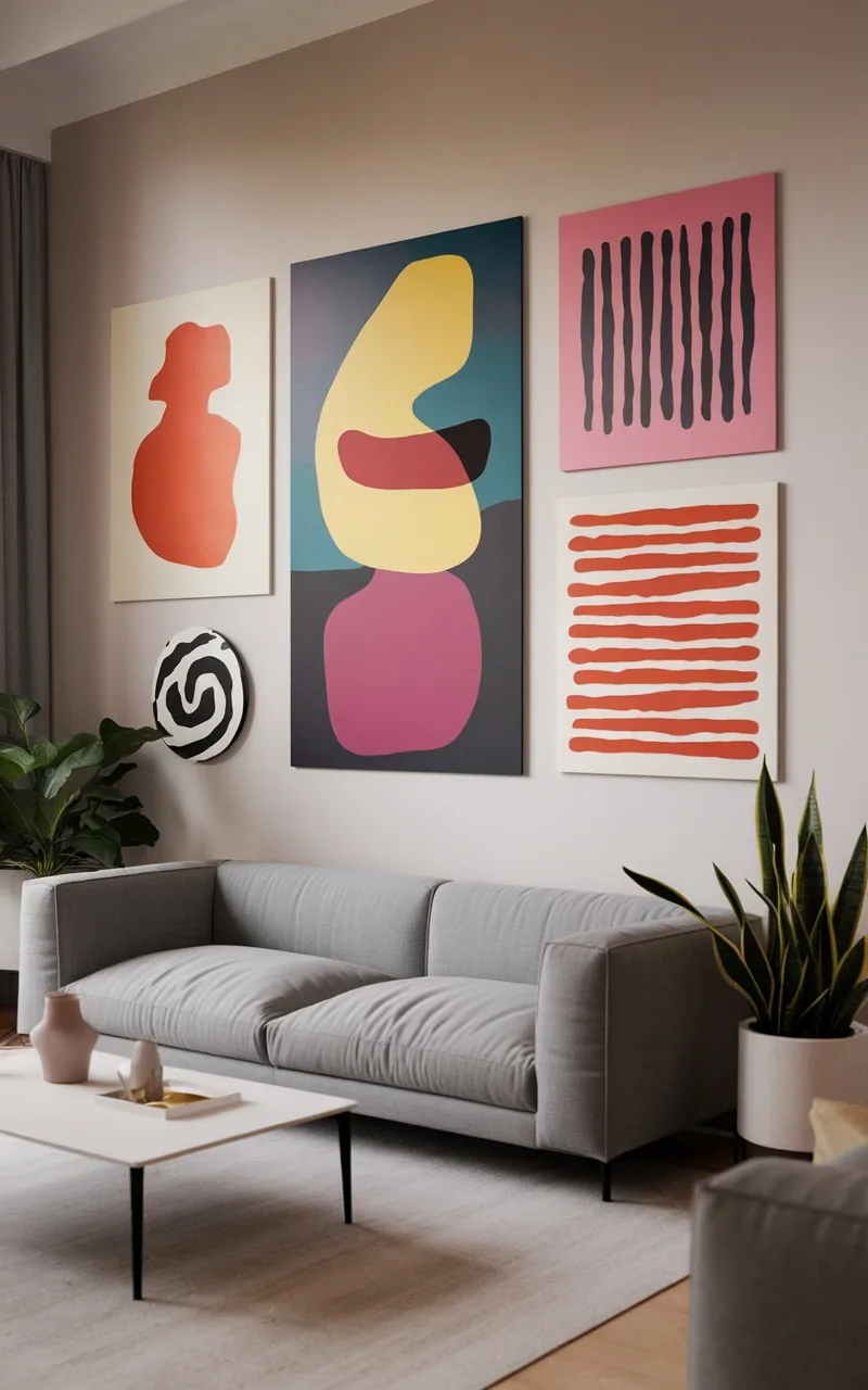 A living room with colorful abstract art pieces on the wall and a cozy gray sofa.