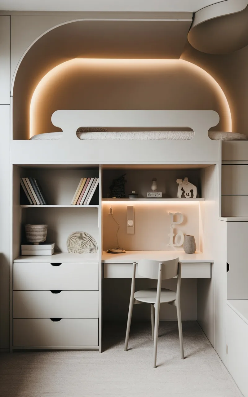 Modern loft bed with built-in storage, desk, and shelves