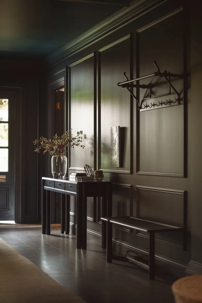 A dark and moody entryway with dark wood accents, featuring a console table, hooks, and a vase of flowers against dark walls.