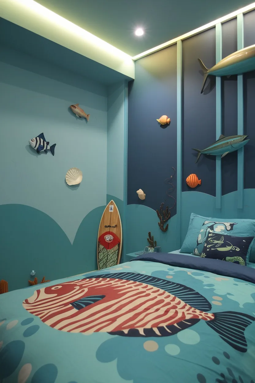 Teen boy bedroom with an under the sea theme featuring fish wall decorations and ocean-colored bedding.