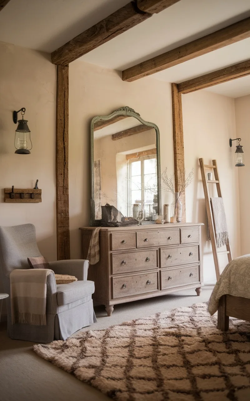 A rustic farmhouse bedroom featuring a vintage mirror above a wooden dresser with soft lighting.