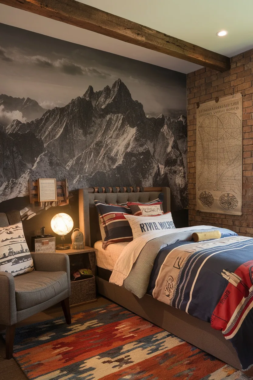 Teen boy bedroom with mountain mural, adventurous decor, and cozy bed