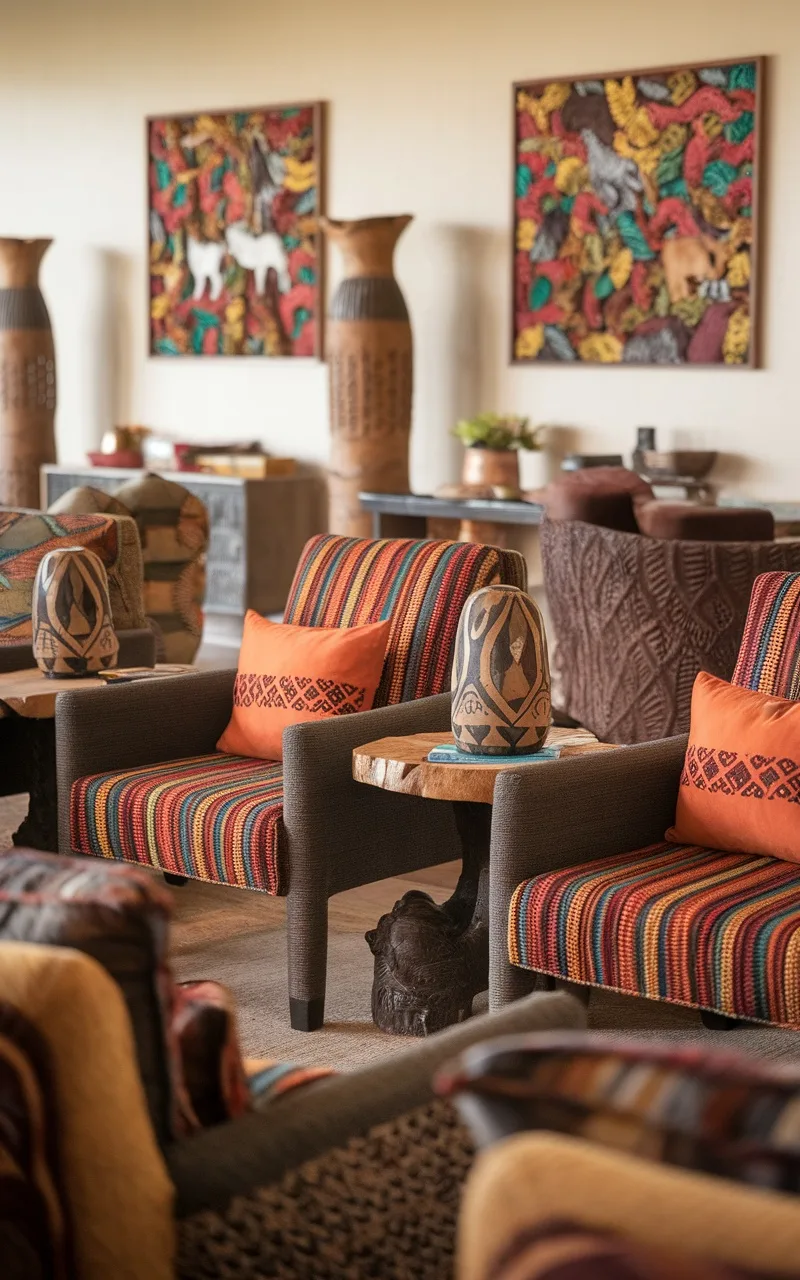 A cozy seating area with African-inspired decor featuring striped chairs, wooden tables, and colorful wall art.