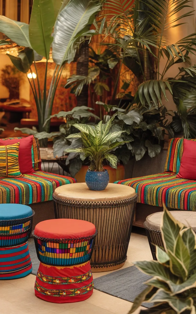 Cozy seating area featuring vibrant African drum tables and stools surrounded by plants.