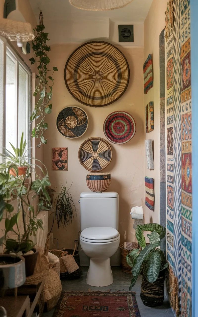 Decorative bathroom space featuring woven baskets and art above a toilet