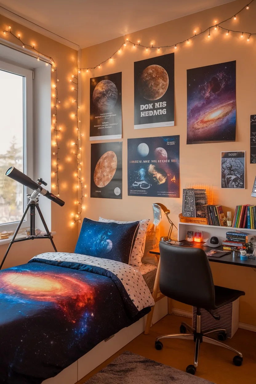 A cozy teen boy bedroom with astronomy theme, featuring space posters, a telescope, and galaxy-print bedding.