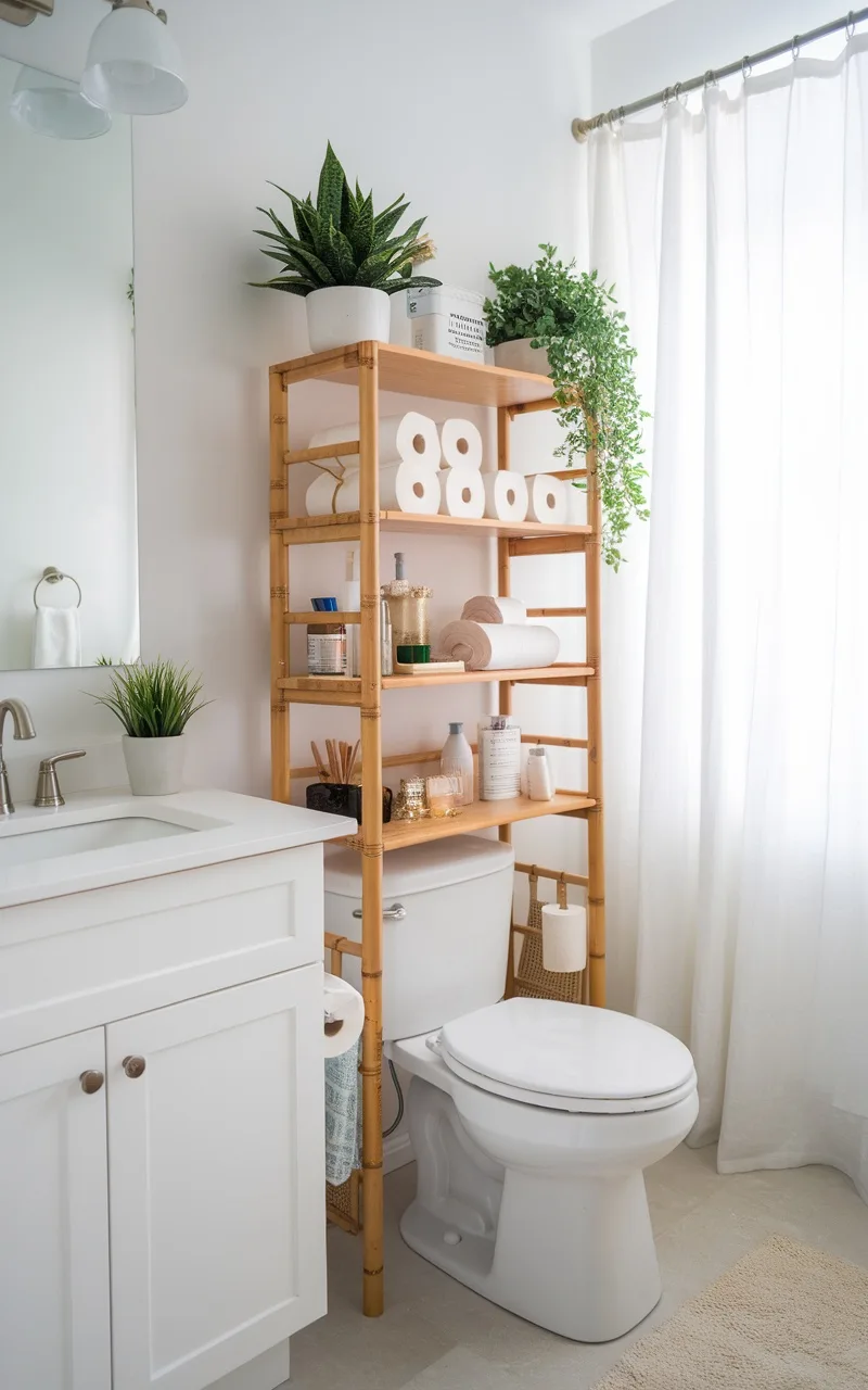 A bamboo storage shelf above a toilet with plants, toiletries, and toilet paper.