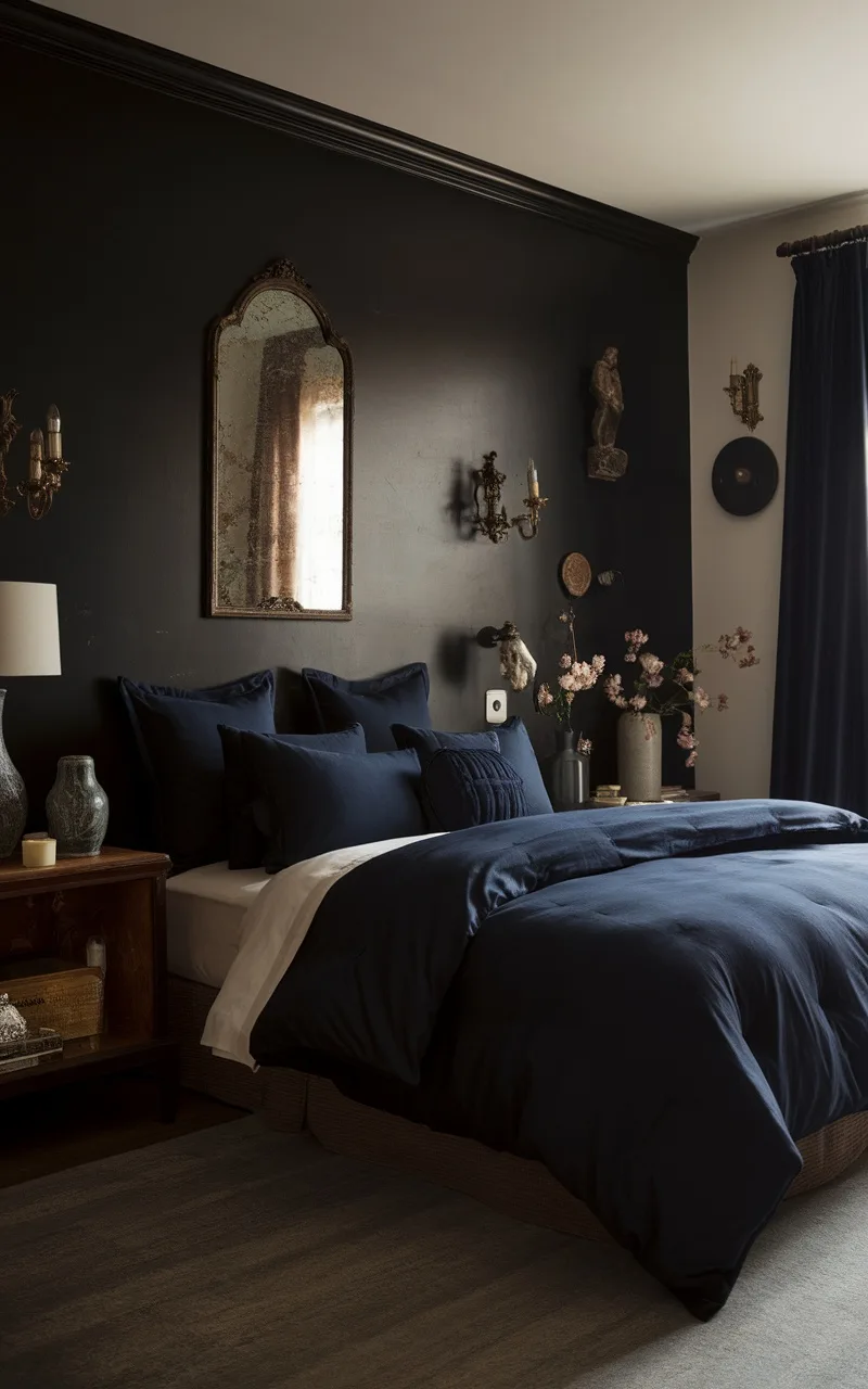 A stylish bedroom featuring a black accent wall and navy blue bedding, complemented by decorative elements and soft lighting.