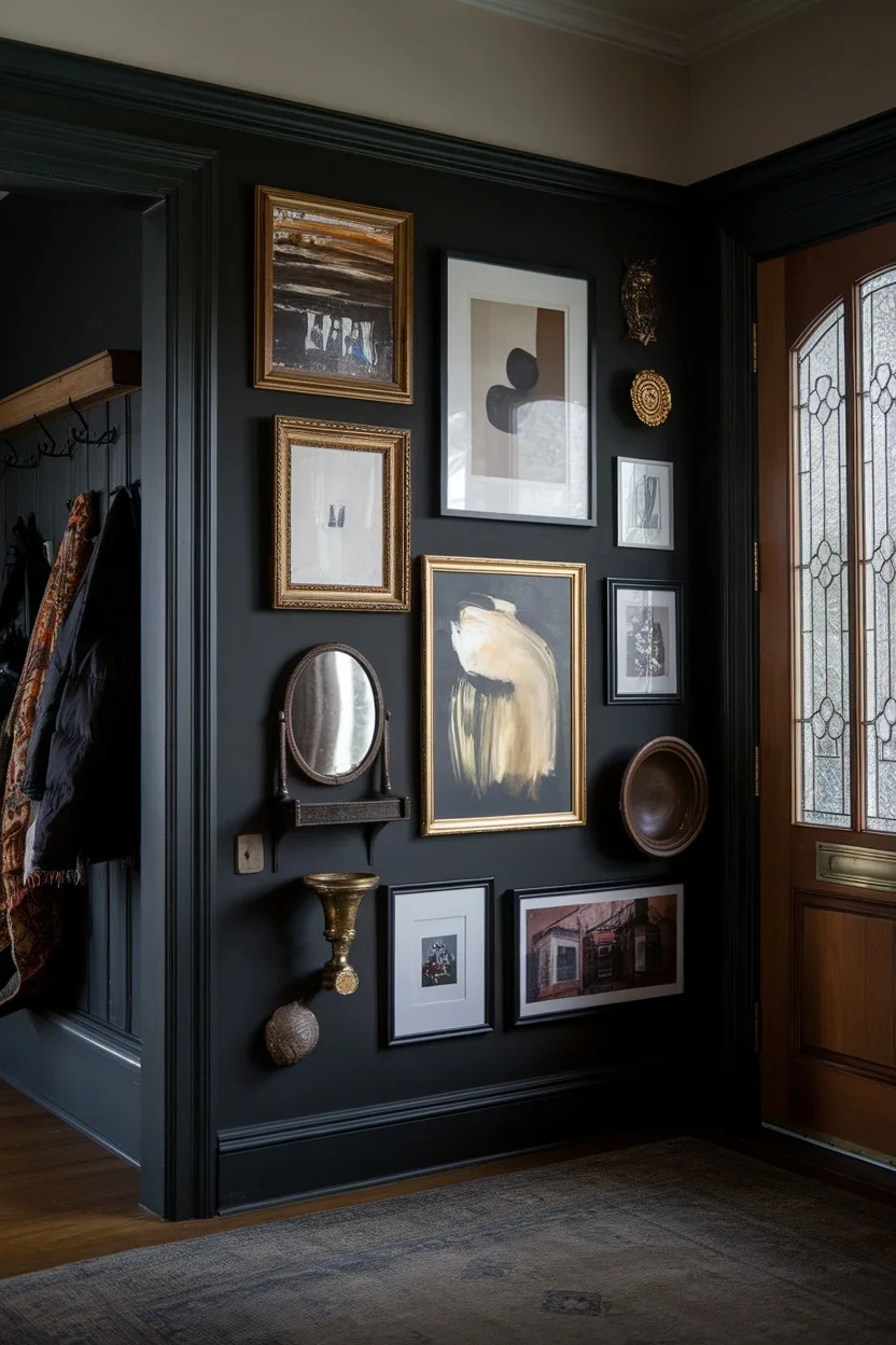 A stylish black gallery wall with various framed artworks and decorative elements in a home entryway.