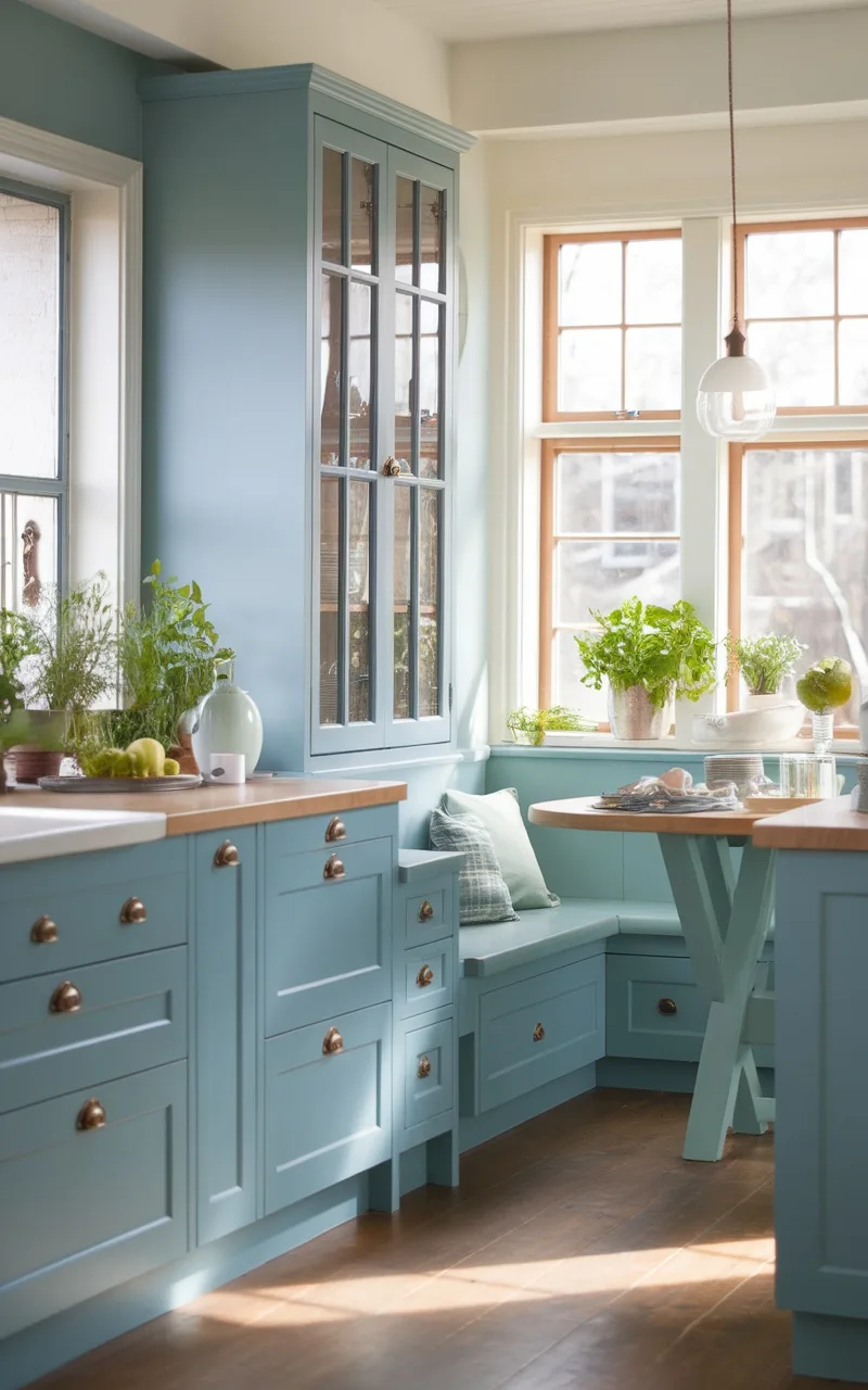 A blue kitchen featuring soft green accents, large windows, a cozy dining nook, and potted plants, creating a bright and inviting atmosphere.