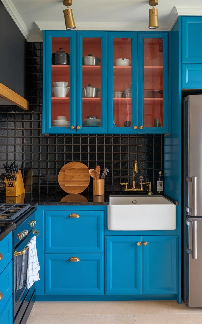 A kitchen featuring bright blue cabinets, a black tile backsplash, and gold accents.