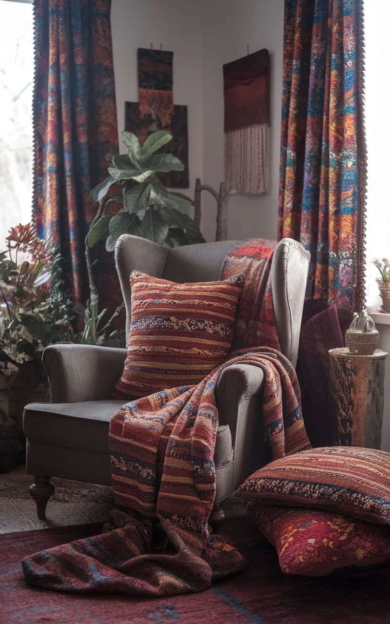 Cozy armchair with bohemian patterned fabrics and colorful cushions.