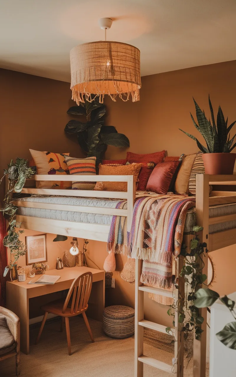 A cozy boho style loft bed with colorful textiles, plants, and a workspace underneath.