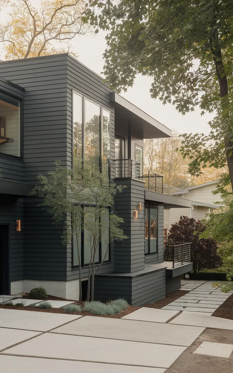 A modern house exterior featuring charcoal gray siding and large windows surrounded by trees.