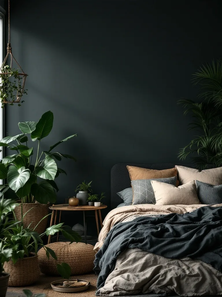A dark boho bedroom featuring dark green plants, cozy bedding, and a warm atmosphere.