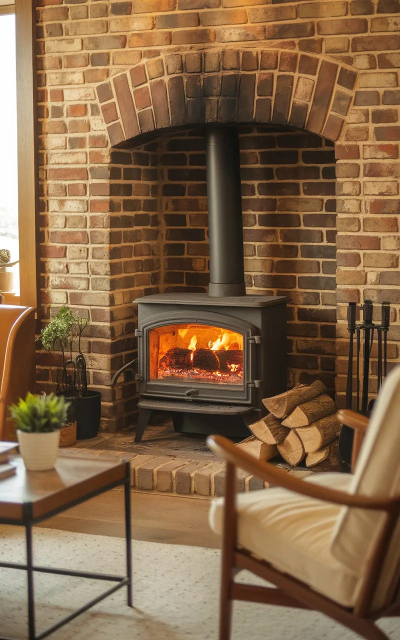 A cozy living room featuring a brick surround wood-burning stove with glowing flames and neatly stacked logs beside it.