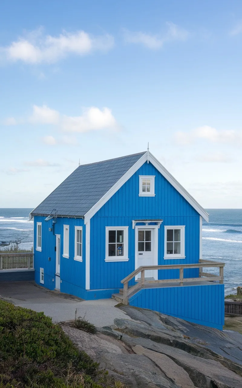 A bright blue house with a white trim, situated near the ocean, showcasing a coastal vibe.