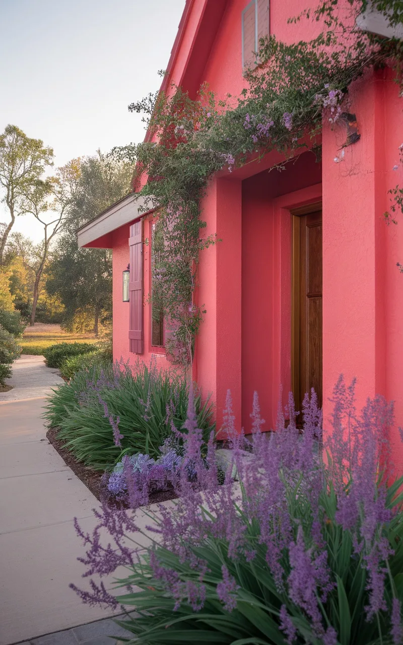 A bright coral house with green plants and purple flowers in the foreground.