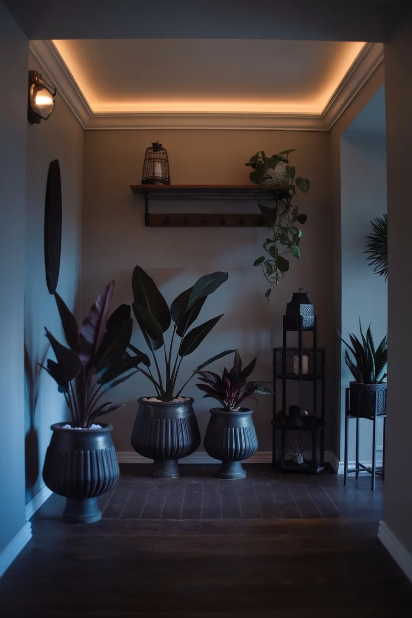 A dark and moody entryway featuring various plants in stylish pots, enhancing the decor with natural elements.