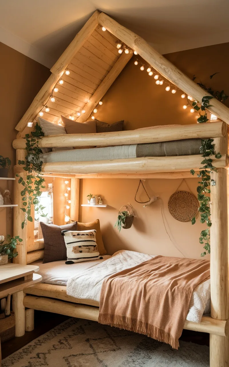 A cozy cabin style loft bed with natural wood beams, fairy lights, and warm decor.