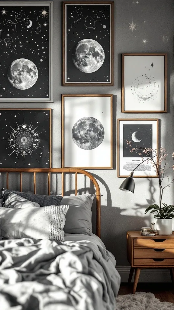 A cozy bedroom featuring celestial-themed wall art, including moon phases and star maps.