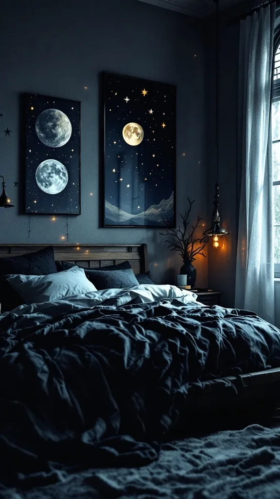 A cozy bedroom featuring celestial wall art with moon and stars, dark bedding, and soft lighting.