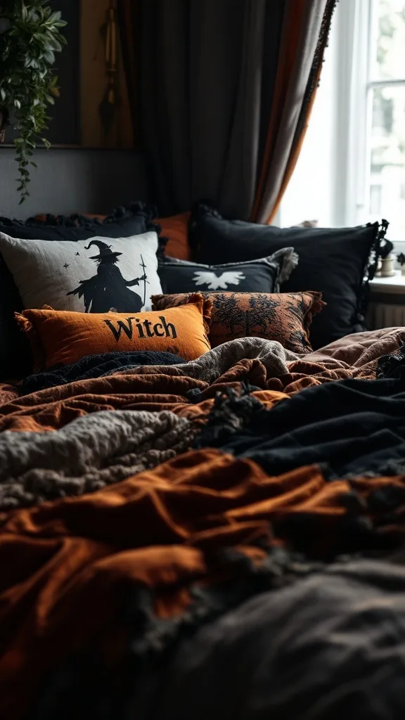 A cozy bedroom scene with witch-themed pillows and dark, rich fabrics on the bed.