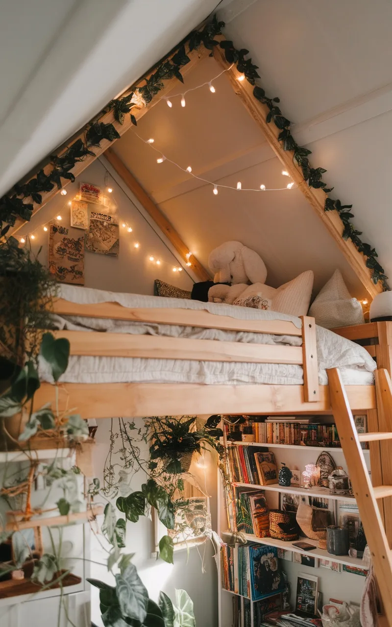 Cozy loft bed setup with plants and fairy lights