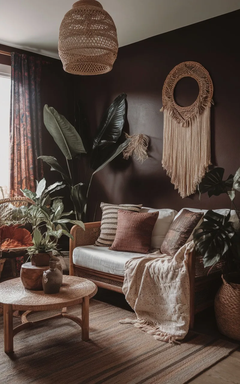 Dark boho living room with deep colors and natural materials
