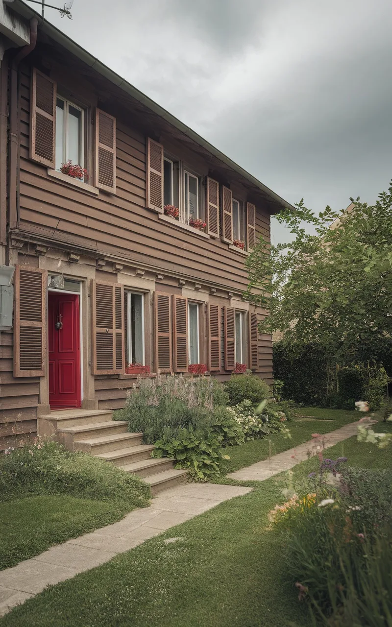 A cozy brown house with a vibrant red door and lush green garden.